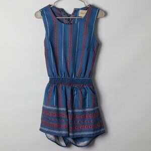 Moon River Ladies Blue and Red Printed Romper Size S Lace Up Open Back